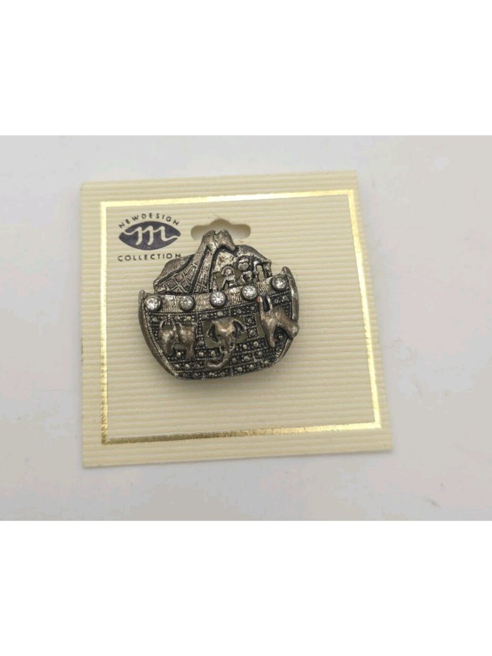 Vintage Noah's Ark Rhinestone Brooch Pin Silver Tone Animals New Design Card